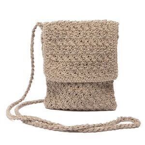 Vintage Macrame Crochet Crossbody Bag Purse Woven Lined Taupe Beige Tan 90s Y2K